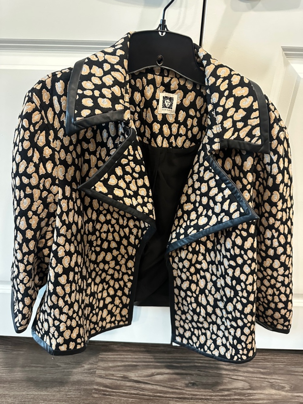 Anne Klein Black & Beige Leopard-Print Jacket with Leather Trim